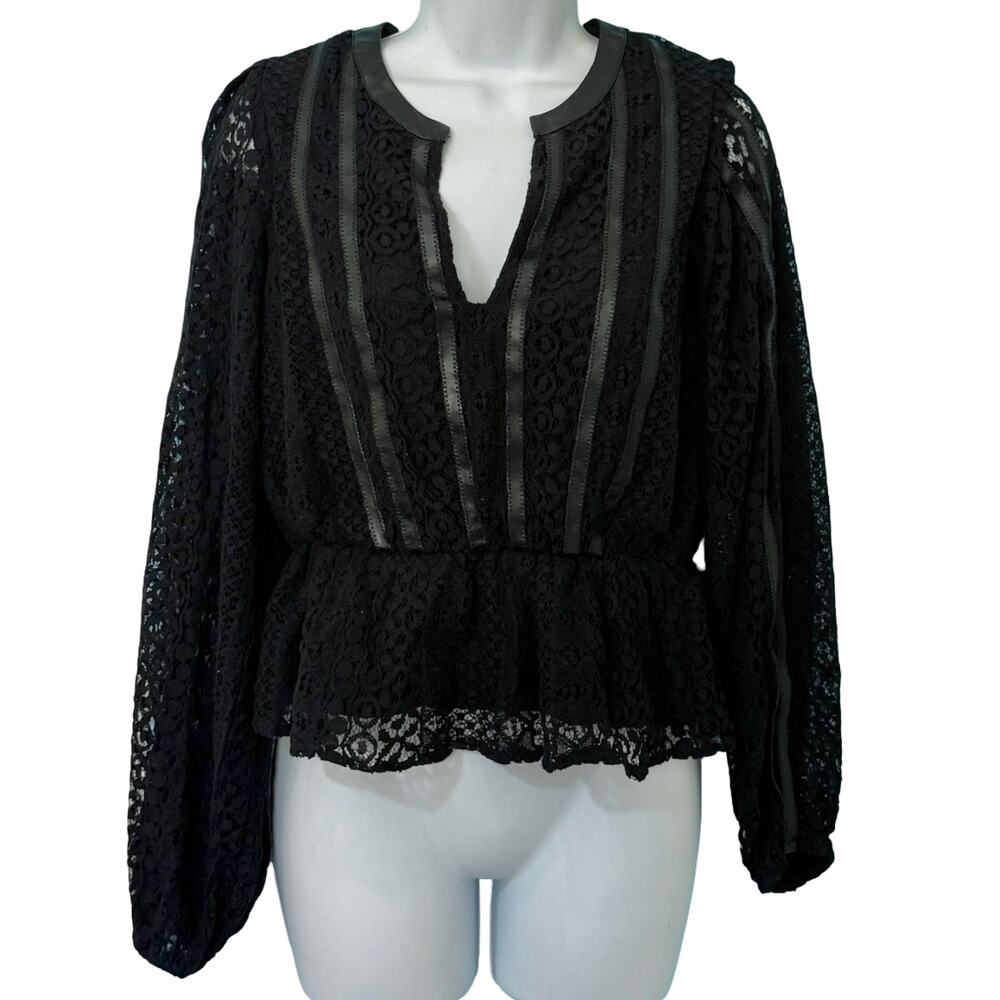 Express Black Vegan Leather Lace Long Bishop Sleeve Peplum Top Blouse size XS